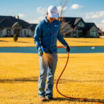 Construction worker in a blue shirt and white cap stands on a yellowed lawn near a pond, holding an orange hose and a yellow broom as houses under construction appear in the background.