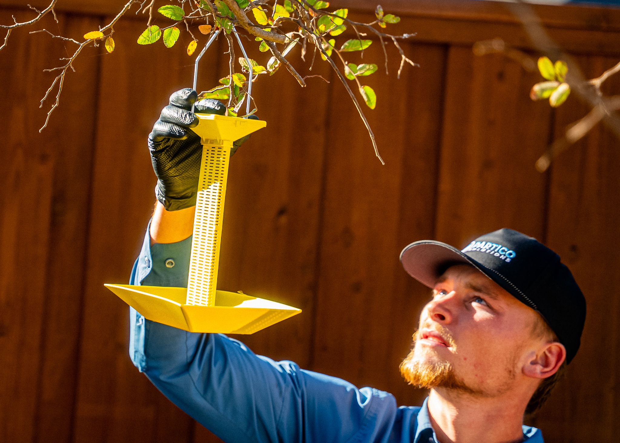 Man in a blue shirt and cap holds a bright yellow model rocket kit outdoors in front of a wooden fence.